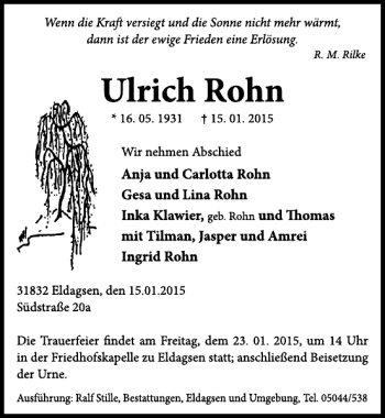 Traueranzeige von Ulrich Rohn von Neue Deister-Zeitung