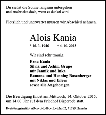 Traueranzeige von Alois Kania von Deister- und Weserzeitung