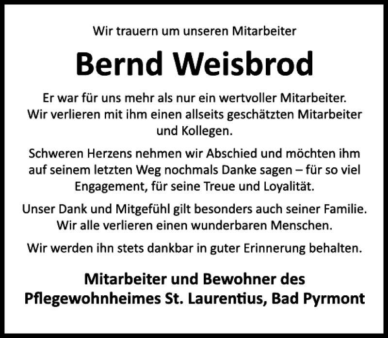 Traueranzeigen von Bernd Weisbrod Trauerportal Ihrer Tageszeitung