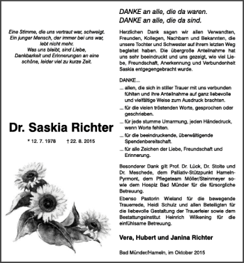Traueranzeige von Dr. Saskia Richter von Neue Deister-Zeitung