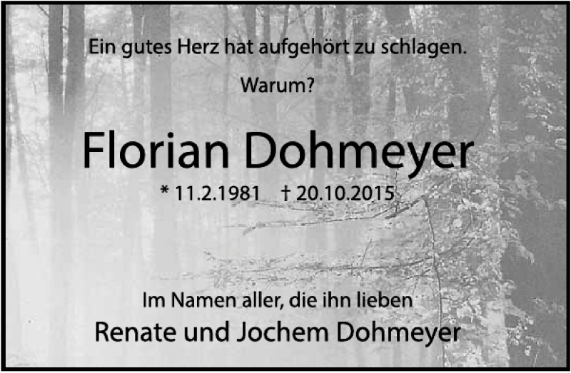  Traueranzeige für Florian Dohmeyer vom 31.10.2015 aus Deister- und Weserzeitung