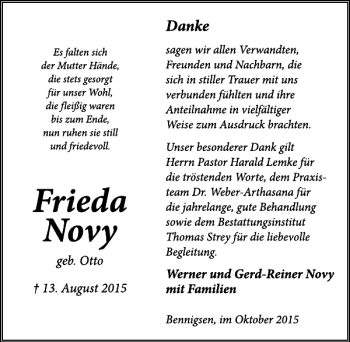 Traueranzeige von Frieda Novy von Neue Deister-Zeitung