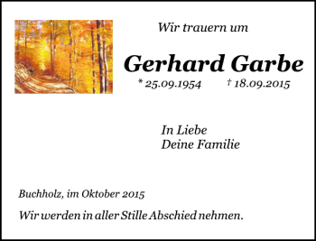 Traueranzeige von Gerhard Garbe von Deister- und Weserzeitung
