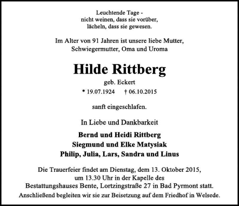 Traueranzeigen von Hilde Rittberg Trauerportal Ihrer Tageszeitung