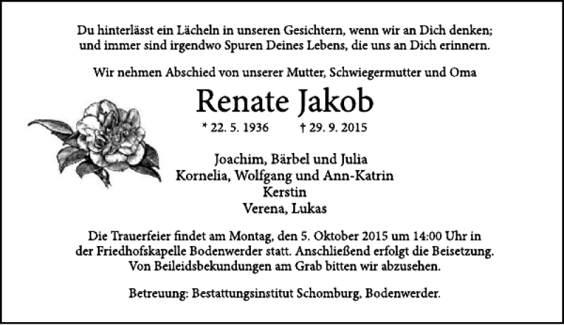  Traueranzeige für Renate Jakob vom 02.10.2015 aus Deister- und Weserzeitung