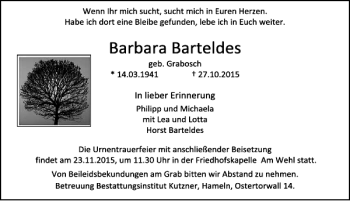 Traueranzeige von Barbara Barteldes von Deister- und Weserzeitung