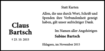 Traueranzeige von Claus Bartsch von Neue Deister-Zeitung