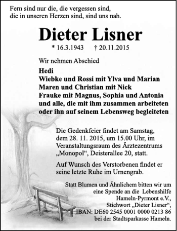 Traueranzeige von Dieter Lisner von Deister- und Weserzeitung