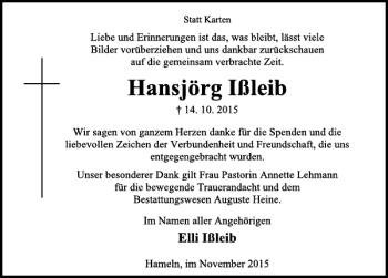 Traueranzeige von Hansjörg Ißleib von Deister- und Weserzeitung