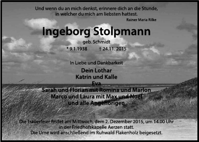  Traueranzeige für Ingeborg Stolpmann vom 28.11.2015 aus Deister- und Weserzeitung