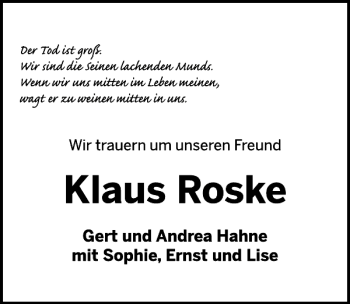 Traueranzeige von Klaus Roske von Neue Deister-Zeitung