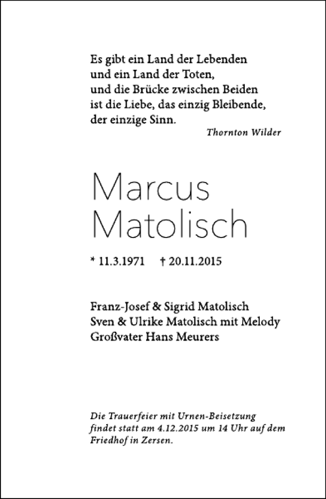  Traueranzeige für Marcus Matolisch vom 28.11.2015 aus Deister- und Weserzeitung