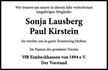 Traueranzeige von Paul Kirstein Sonja Lausberg von Neue Deister-Zeitung