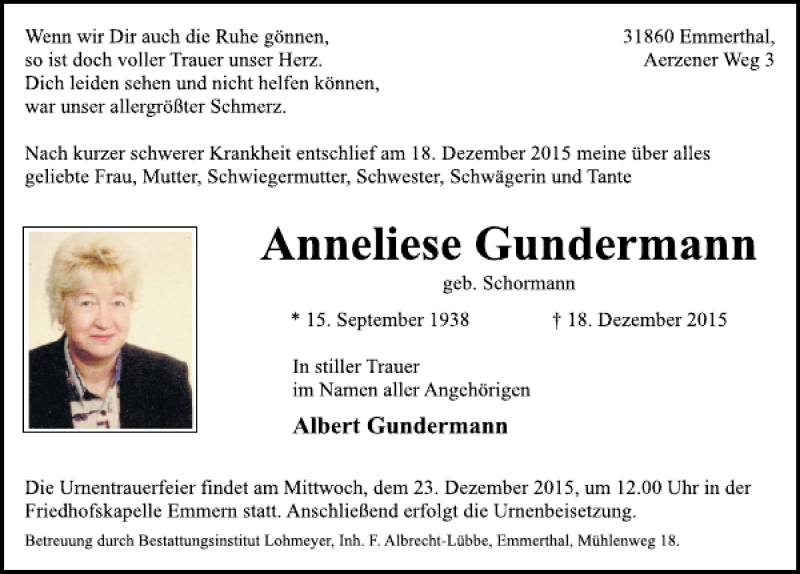  Traueranzeige für Anneliese Gundermann vom 22.12.2015 aus Deister- und Weserzeitung