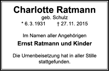 Traueranzeige von Charlotte Ratmann von Deister- und Weserzeitung