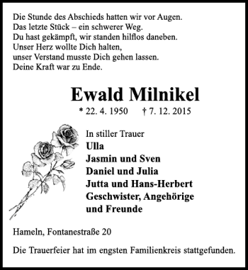 Traueranzeige von Ewald Milnikel von Deister- und Weserzeitung