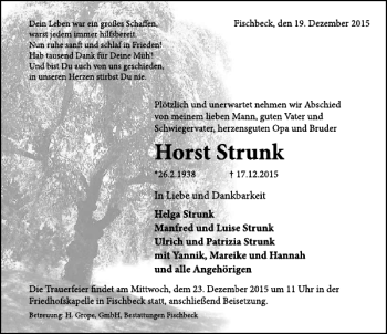 Traueranzeige von Horst Strunk von Deister- und Weserzeitung