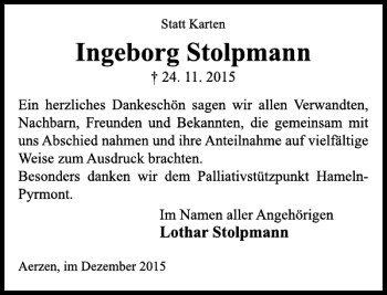 Traueranzeige von Ingeborg Stolpmann von Deister- und Weserzeitung