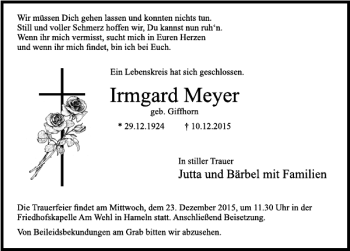 Traueranzeige von Irmgard Meyer von Deister- und Weserzeitung