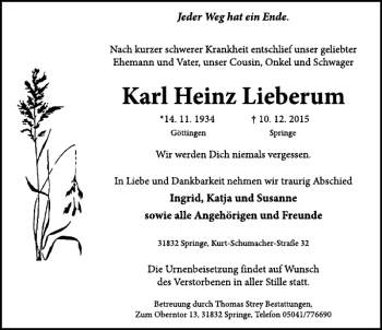 Traueranzeige von Karl Heinz Lieberum von Neue Deister-Zeitung