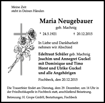 Traueranzeige von Maria Neugebauer von Deister- und Weserzeitung