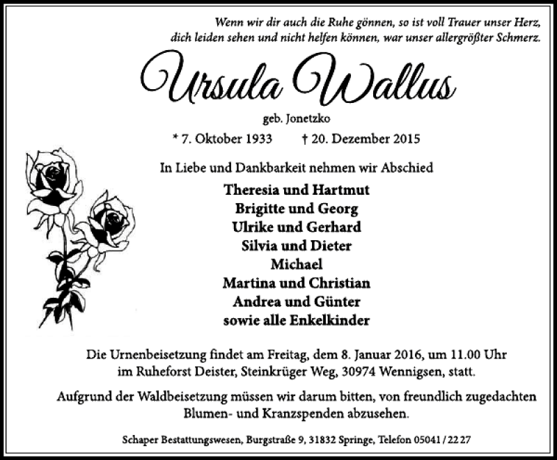  Traueranzeige für Ursula Wallus vom 30.12.2015 aus Neue Deister-Zeitung