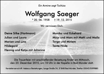 Traueranzeige von Wolfgang Saeger von Neue Deister-Zeitung