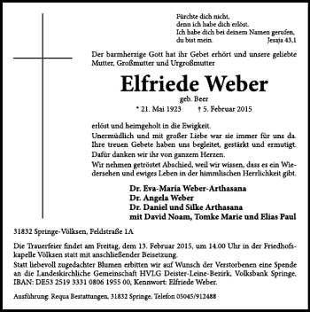 Traueranzeige von Elfriede Weber von Neue Deister-Zeitung