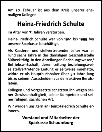 Traueranzeige von Heinz-Friedrich Schulte. von Deister- und Weserzeitung