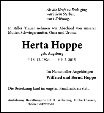 Traueranzeige von Herta Hoppe von Neue Deister-Zeitung