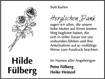 Traueranzeige von Hilde Fülberg von Neue Deister-Zeitung