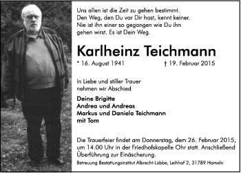 Traueranzeige von Karlheinz Teichmann von Deister- und Weserzeitung