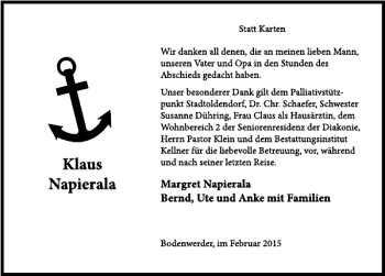 Traueranzeige von Klaus Napierala von Deister- und Weserzeitung