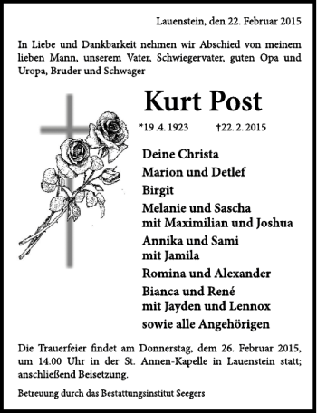 Traueranzeige von Kurt Post von Deister- und Weserzeitung