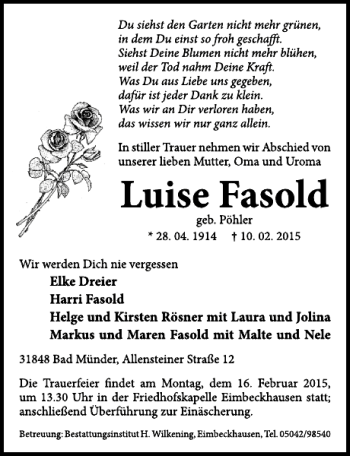 Traueranzeige von Luise Fasold von Neue Deister-Zeitung