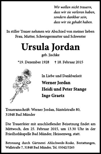 Traueranzeige von Ursula Jordan von Neue Deister-Zeitung