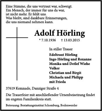 Traueranzeige von Adolf Hörling von Deister- und Weserzeitung