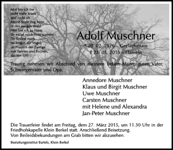 Traueranzeige von Adolf Muschner von Deister- und Weserzeitung