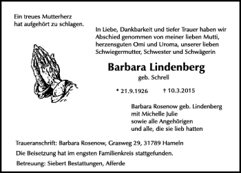 Traueranzeige von Barbara Lindenberg von Deister- und Weserzeitung