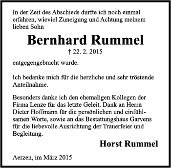 Traueranzeige von Bernhard Rummel von Deister- und Weserzeitung