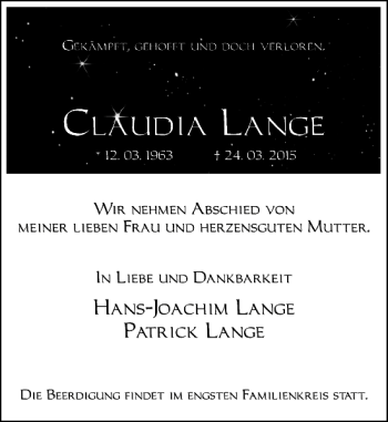 Traueranzeige von Claudia Lange von Deister- und Weserzeitung