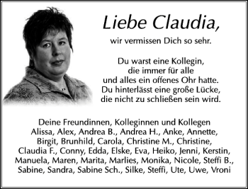 Traueranzeige von Claudia Lange von Deister- und Weserzeitung