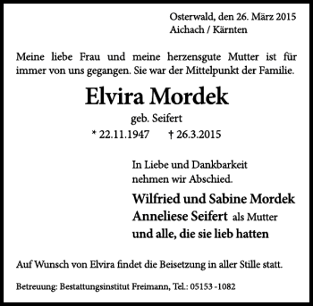 Traueranzeige von Elvira Mordek von Deister- und Weserzeitung