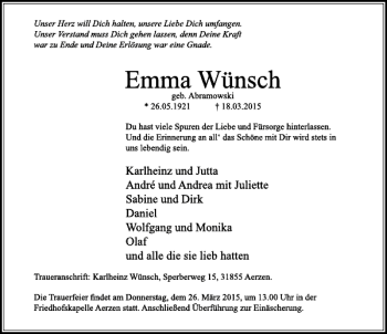 Traueranzeige von Emma Wünsch von Deister- und Weserzeitung