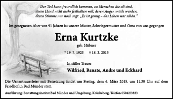 Traueranzeige von Erna Kurtzke von Neue Deister-Zeitung