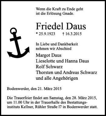Traueranzeige von Friedel Daus von Deister- und Weserzeitung