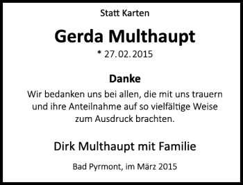 Traueranzeige von Gerda Multhaupt von Deister- und Weserzeitung