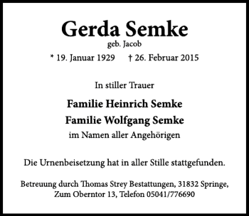 Traueranzeige von Gerda Semke von Neue Deister-Zeitung