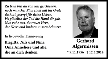 Traueranzeige von Gerhard Algermissen von Deister- und Weserzeitung