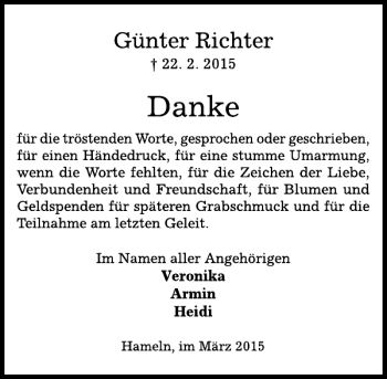 Traueranzeige von Günter Richter von Deister- und Weserzeitung